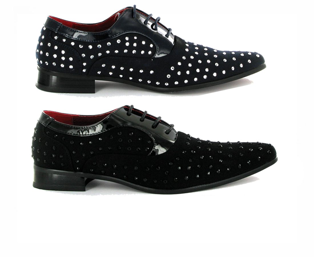 MENS LACE-UP STUDDED POINTED SHOES FAUX SUEDE ROSSELLINI NAPLES, BLACK, NAVY